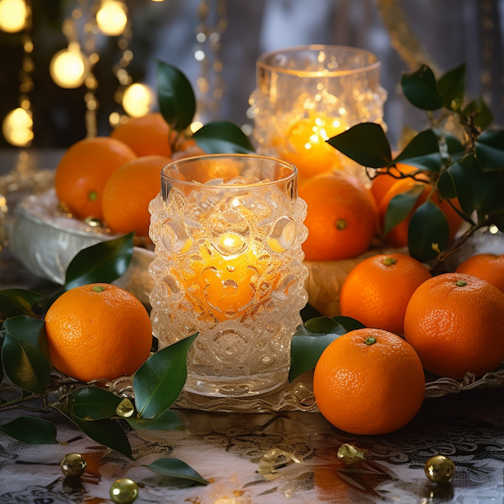 Beautiful Christmas decorations with tangerines and candles