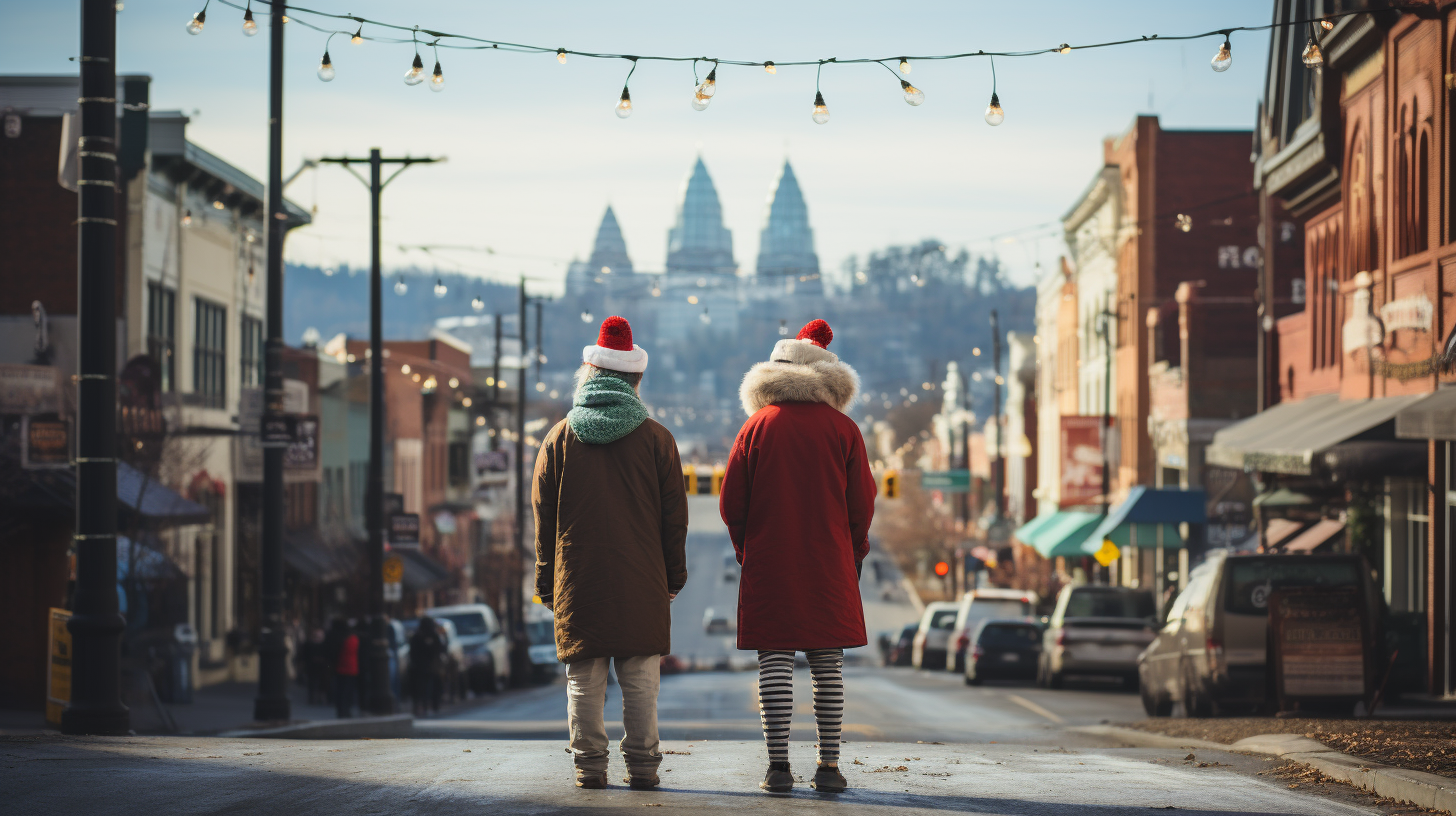 Eccentric characters in Christmas attire exploring Asheville