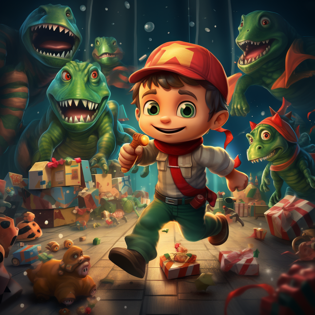 Christmas elf running from toys