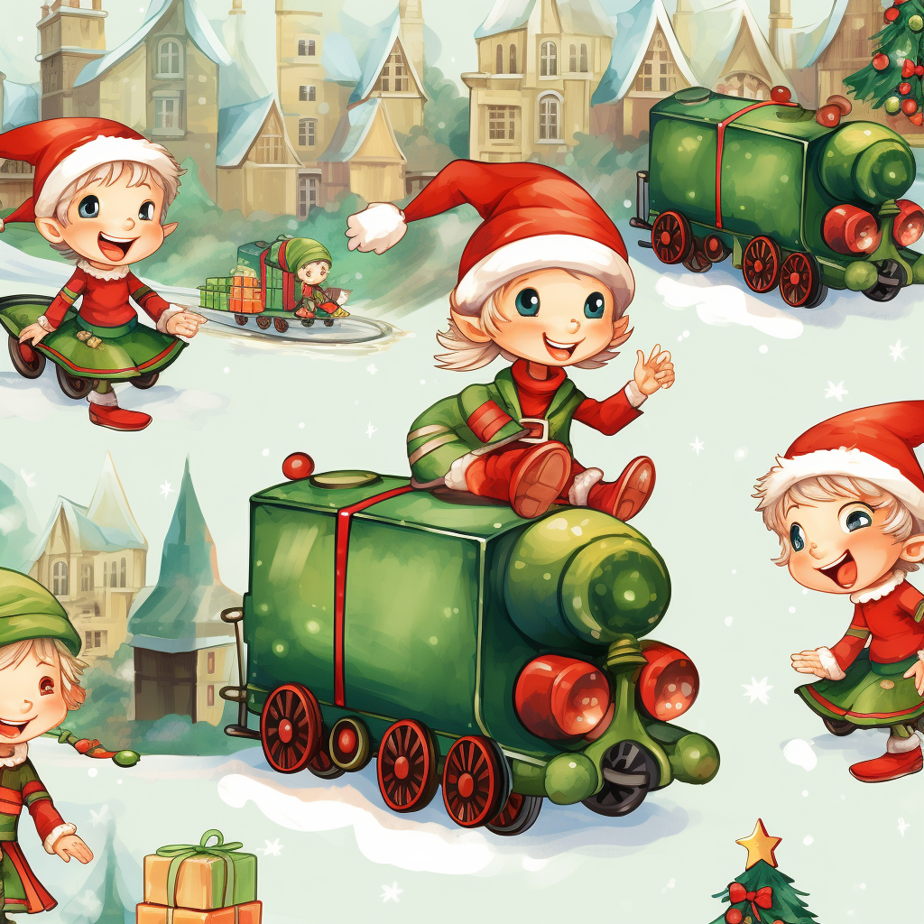 Christmas elves with mini toy trains