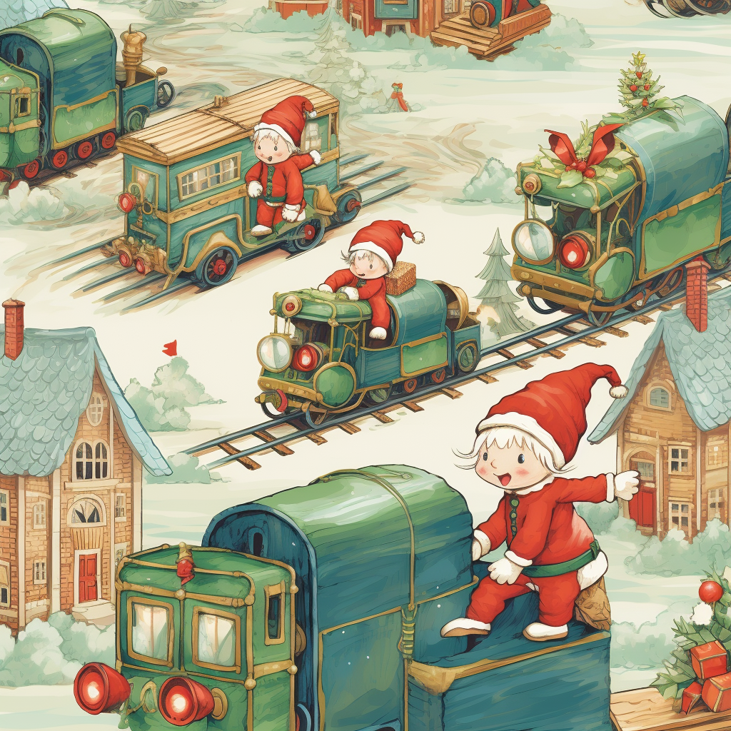 Cartoon Christmas elves playing with toy train