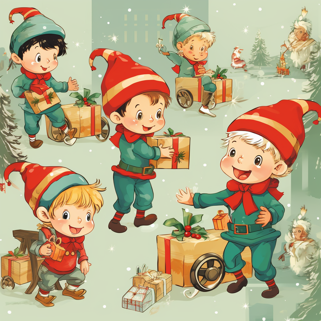 Christmas elves playing with toy trains