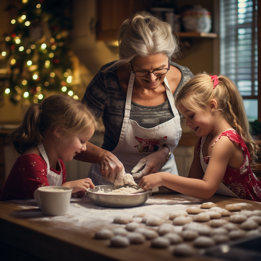 Joyful Mother and Twins Baking on Christmas Eve