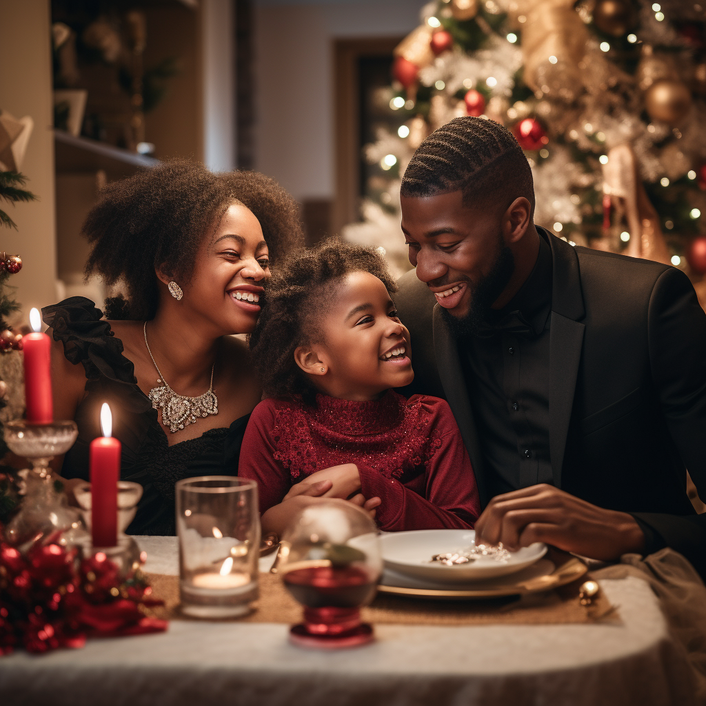 Black family enjoying Christmas dinner decorations