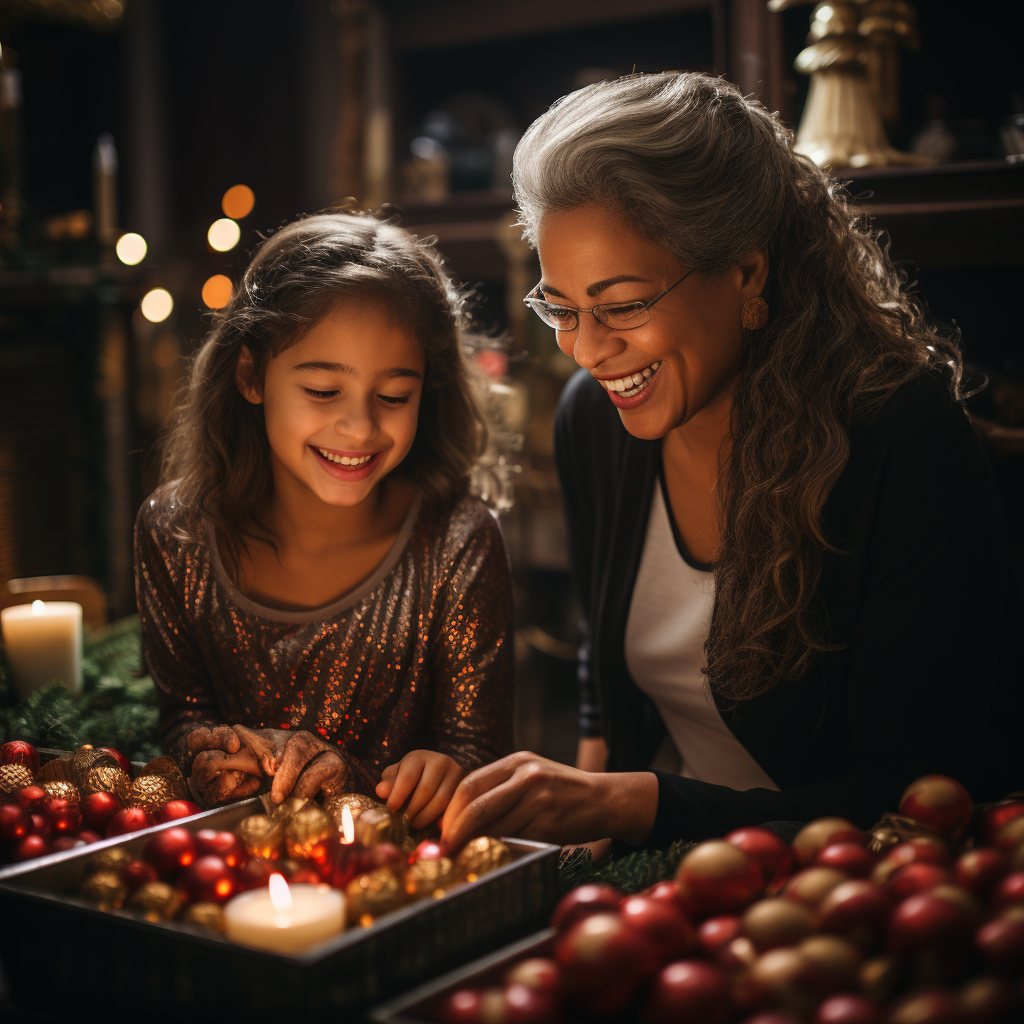 Multigenerational family decorating Christmas tree