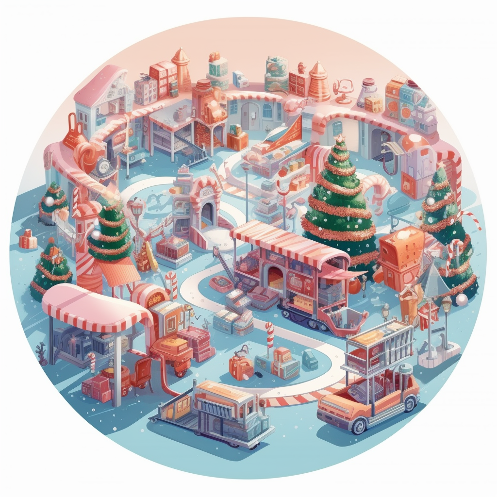 Santa Claus factory producing Christmas gifts