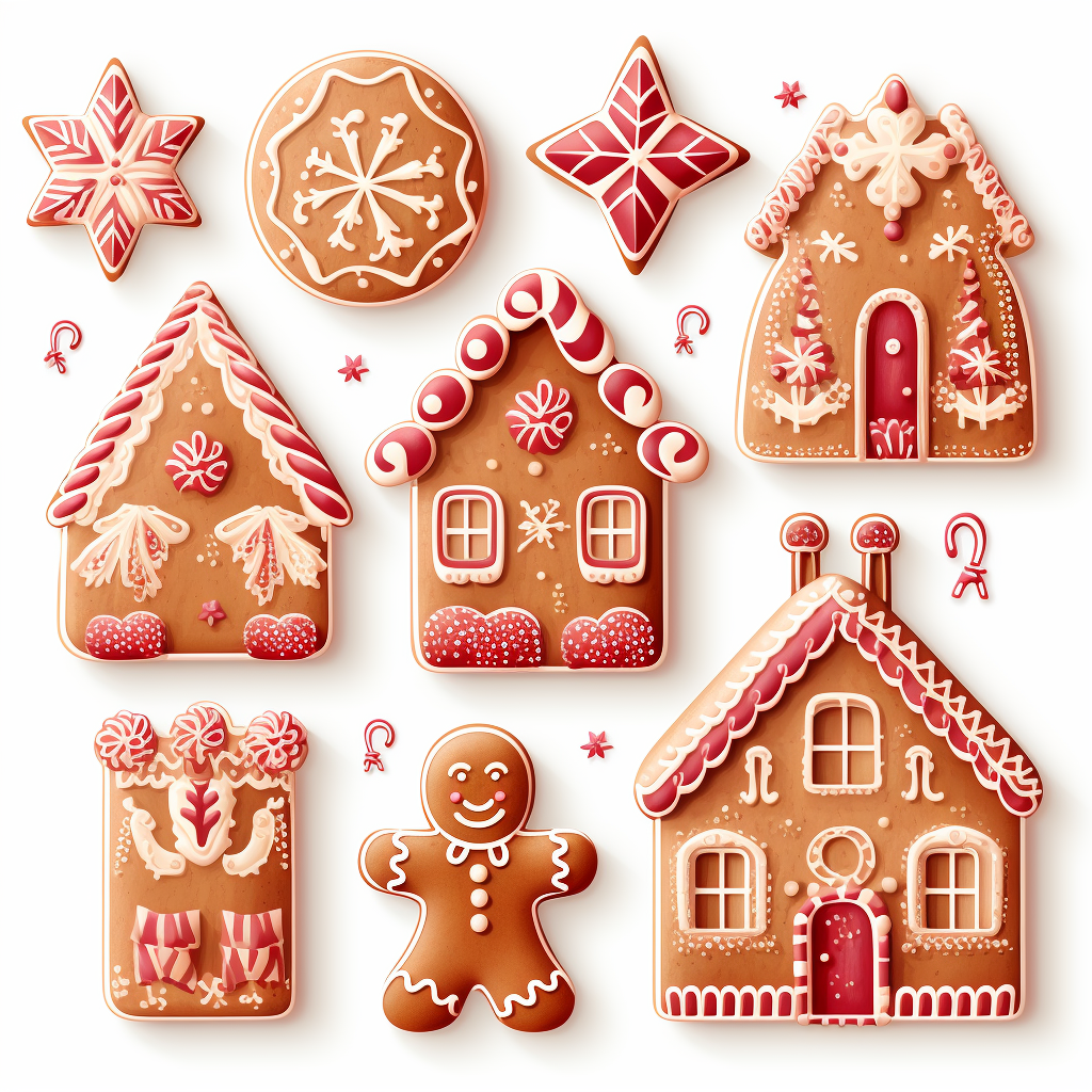 Festive Christmas gingerbread set on white background