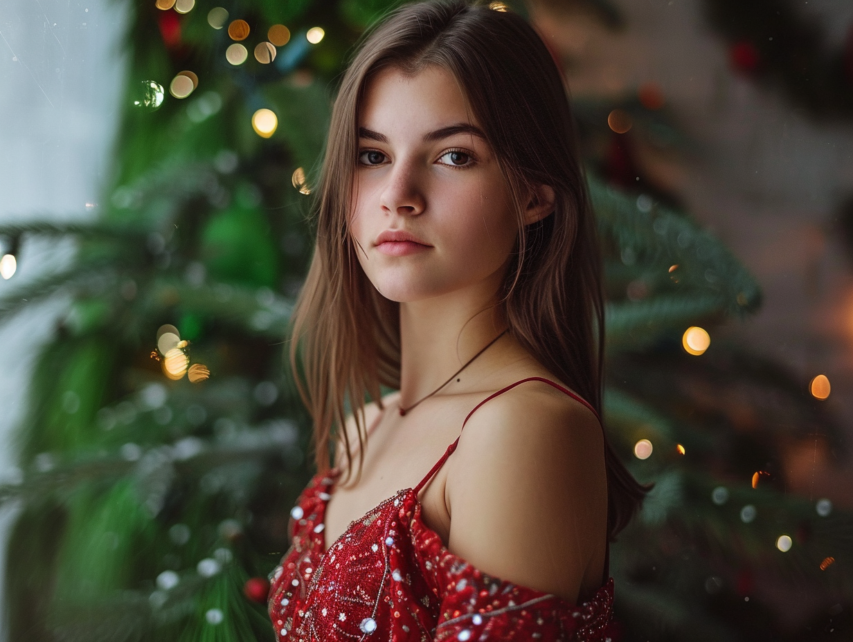 Young woman in a Christmas dress with sharp jawline