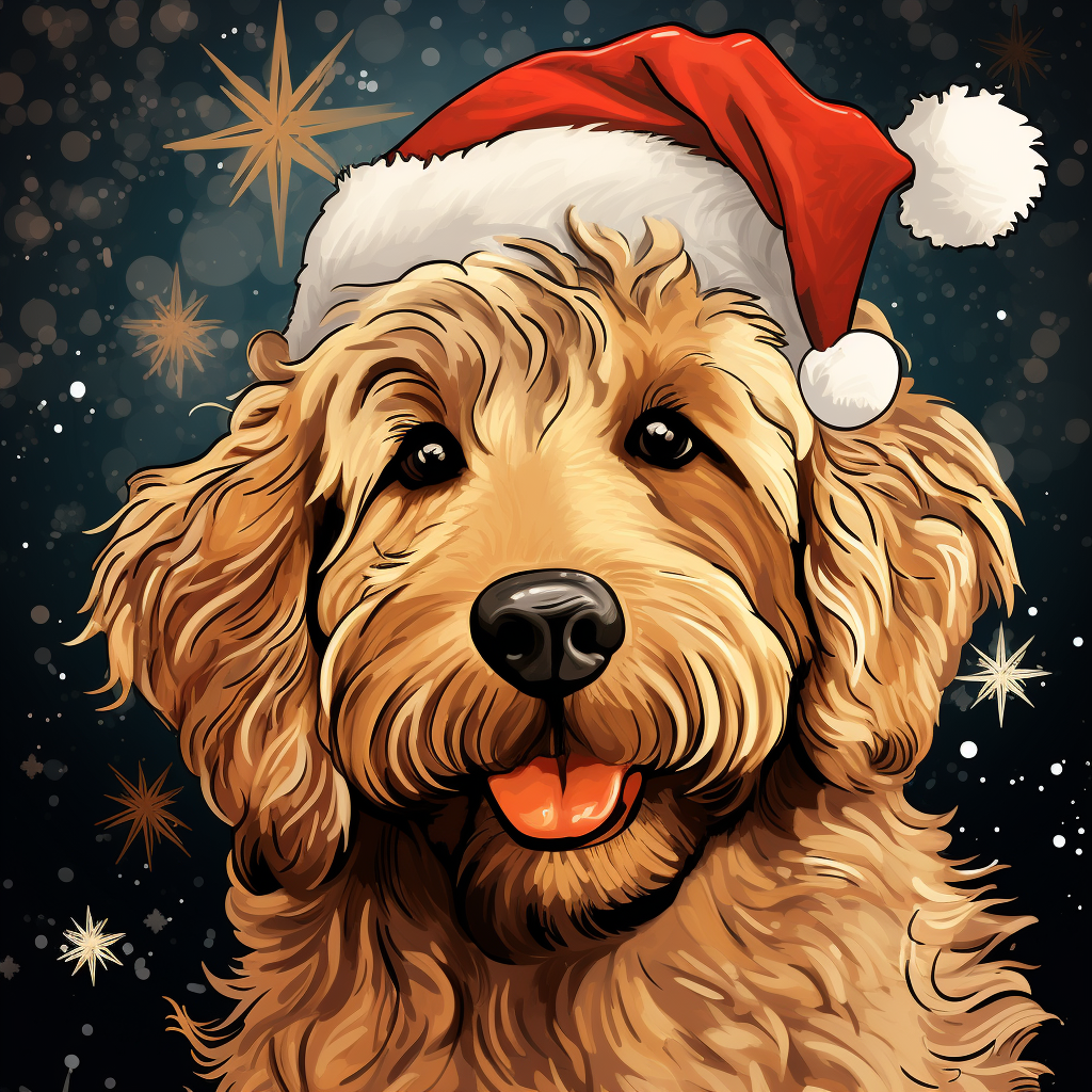 Festive golden doodle portrait in graphic novel art style