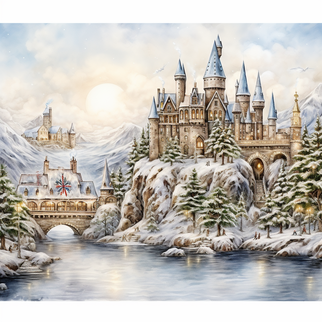 Christmas at Hogwarts watercolour drawing