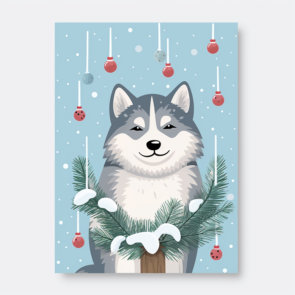 Funny Christmas Card with Husky Hanging on Tree