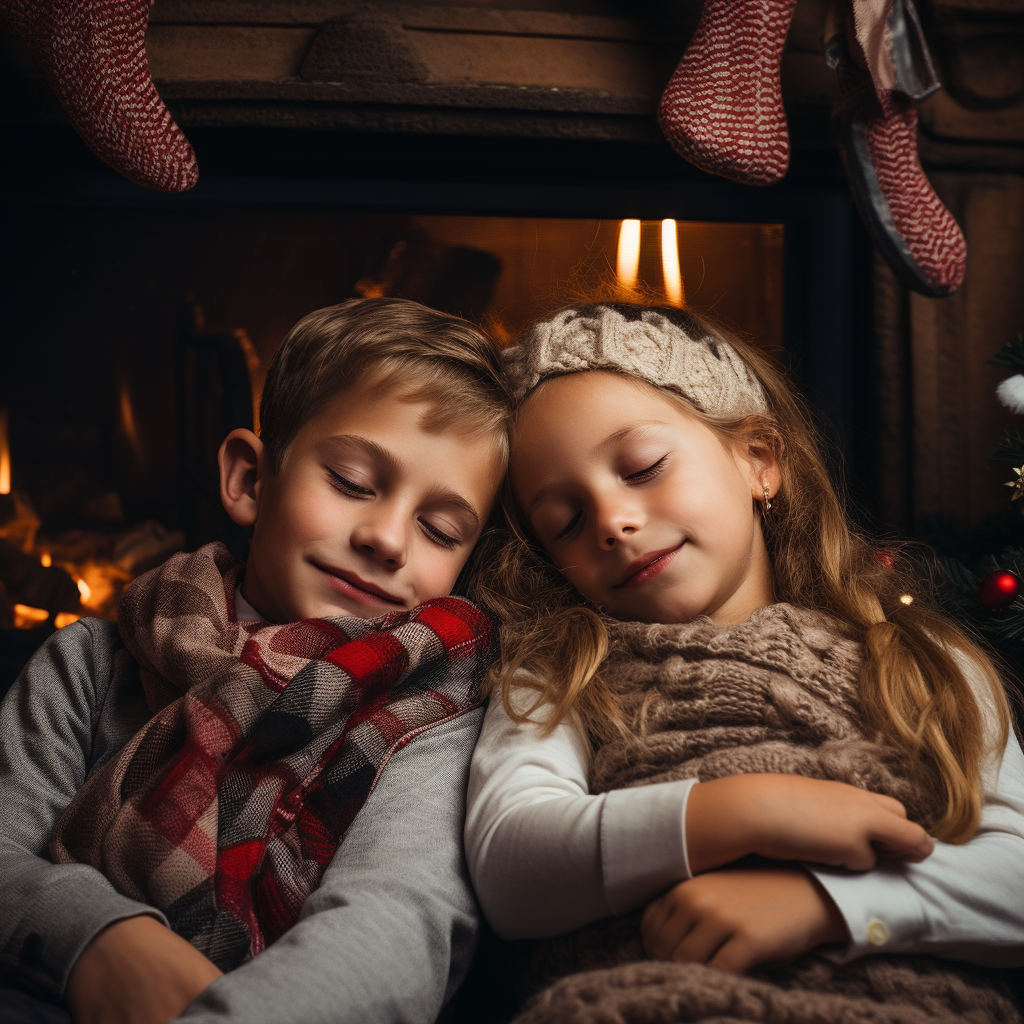 Children sleep by fireplace with stockings hanging