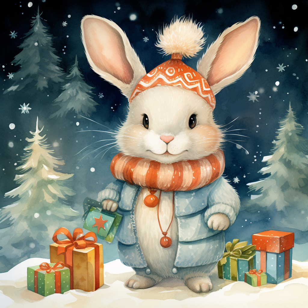 Cute rabbit surrounded by holiday decorations and gift