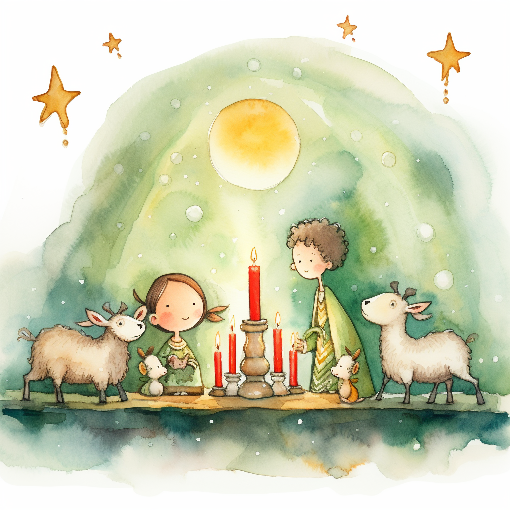 Watercolor Christmas Manger with Family and Candle