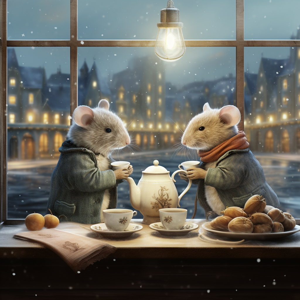 Two field mice enjoying tea in Victorian cafe