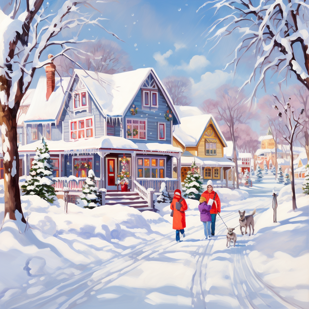 Beautiful Christmas Morning Village Scene with People