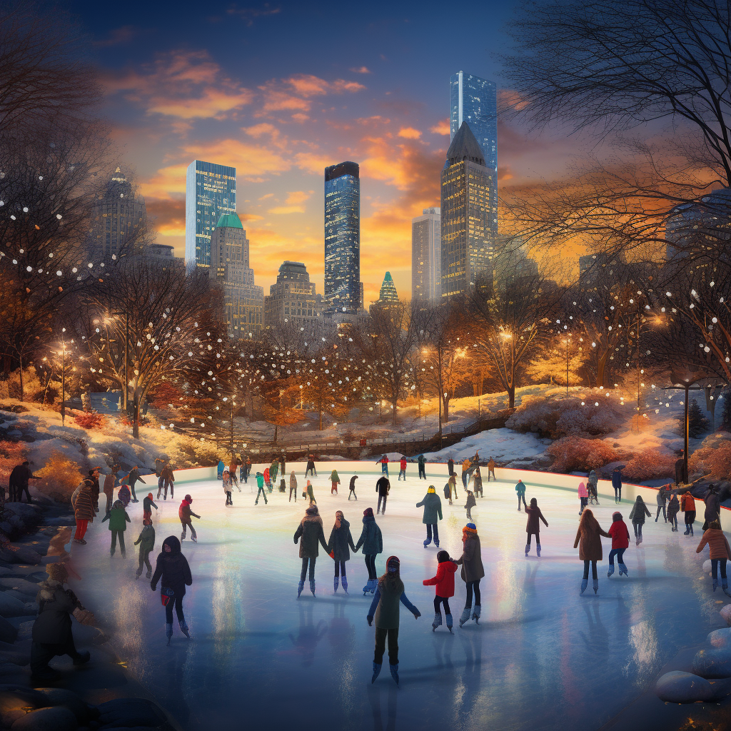 Happy people ice skating in Central Park