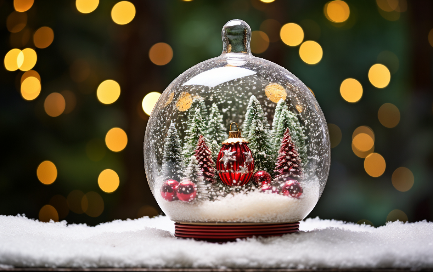 Christmas ornaments and decorations on snowy background