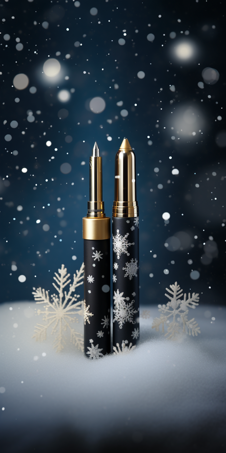 Two festive pens on Christmas background