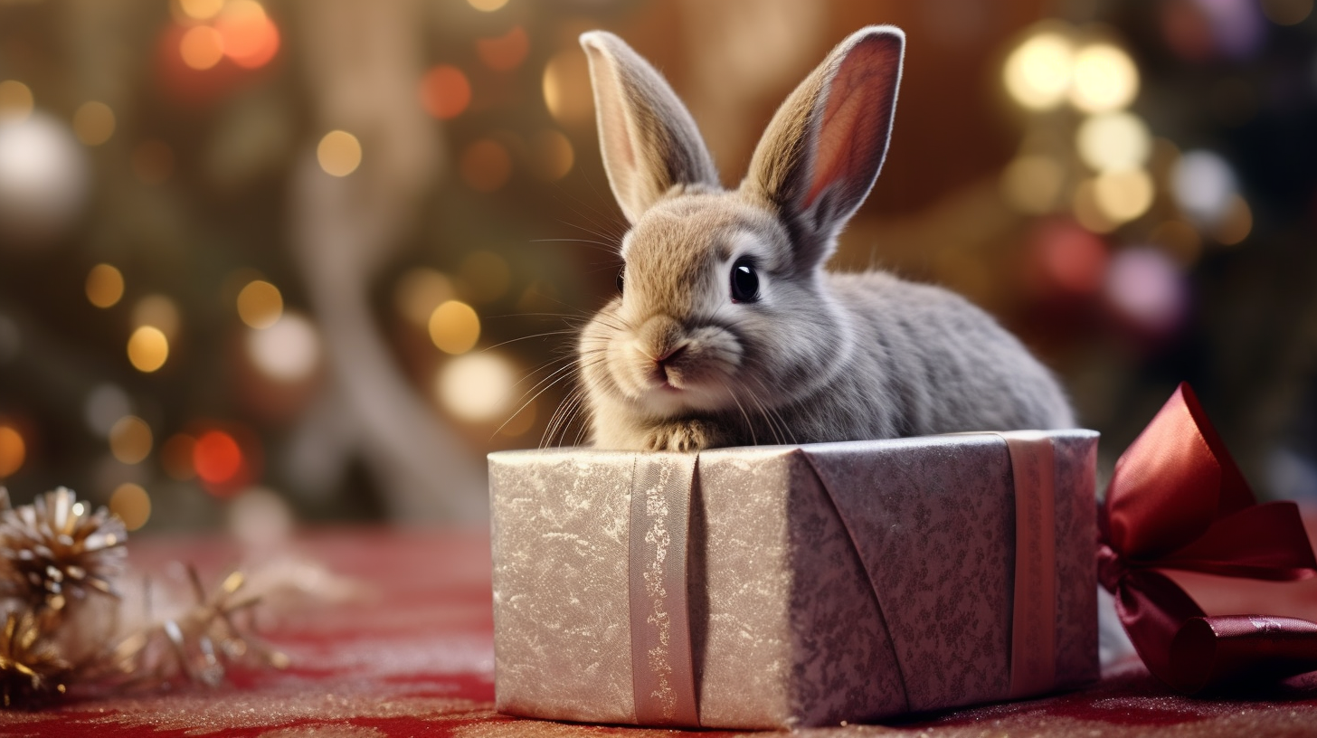 Hyper-realistic Christmas rabbit with gift box