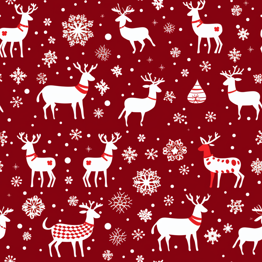 Christmas reindeer and snowflakes on red fabric