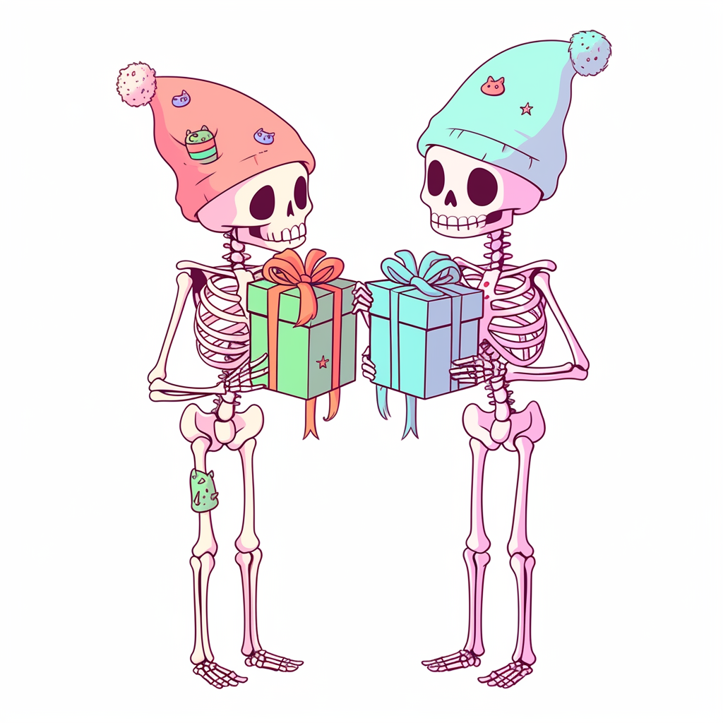 Two cute skeletons exchanging Christmas presents