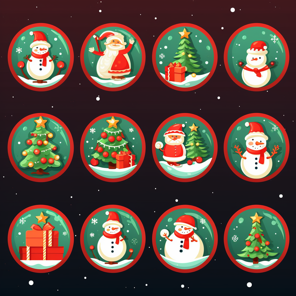 Festive Christmas stickers with snowman, reindeer, Christmas tree, and Santa Claus