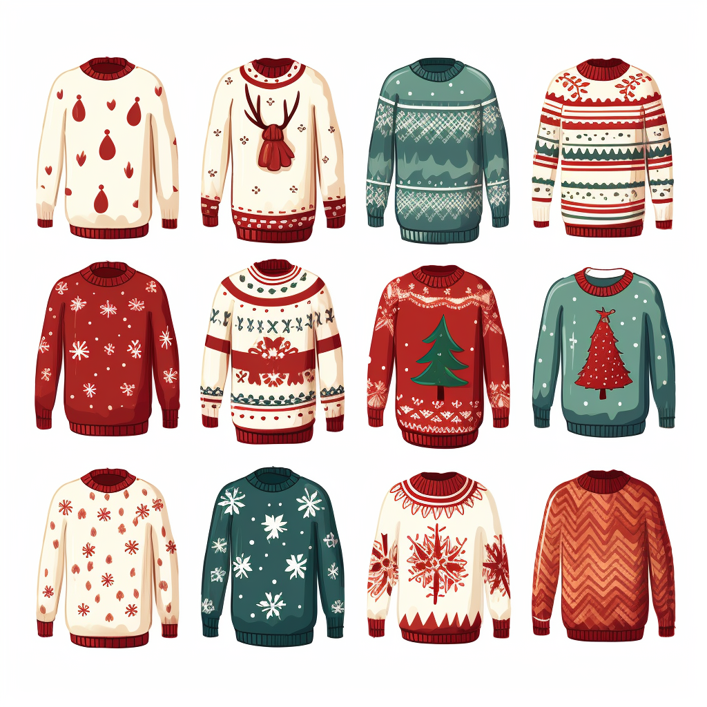 Various festive cartoon Christmas sweaters