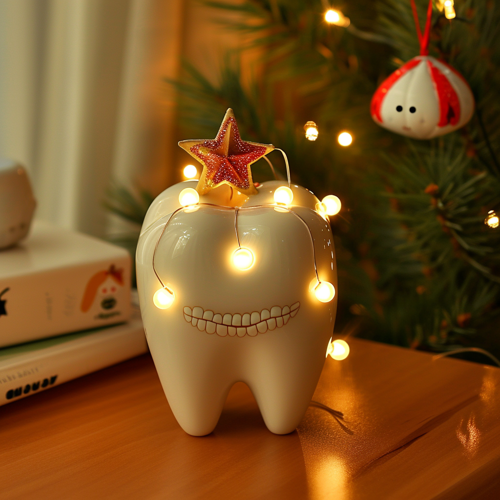 Festive Christmas Tree with Light Balls and Dental Tooth