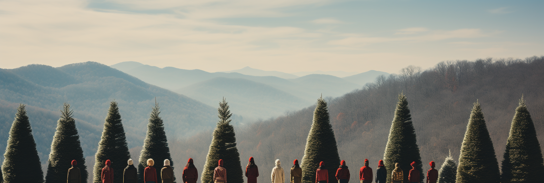 Quirky Christmas characters buying a tree