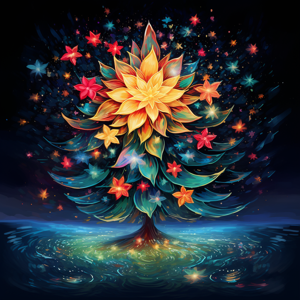 Vibrant Christmas tree with flowers and stars