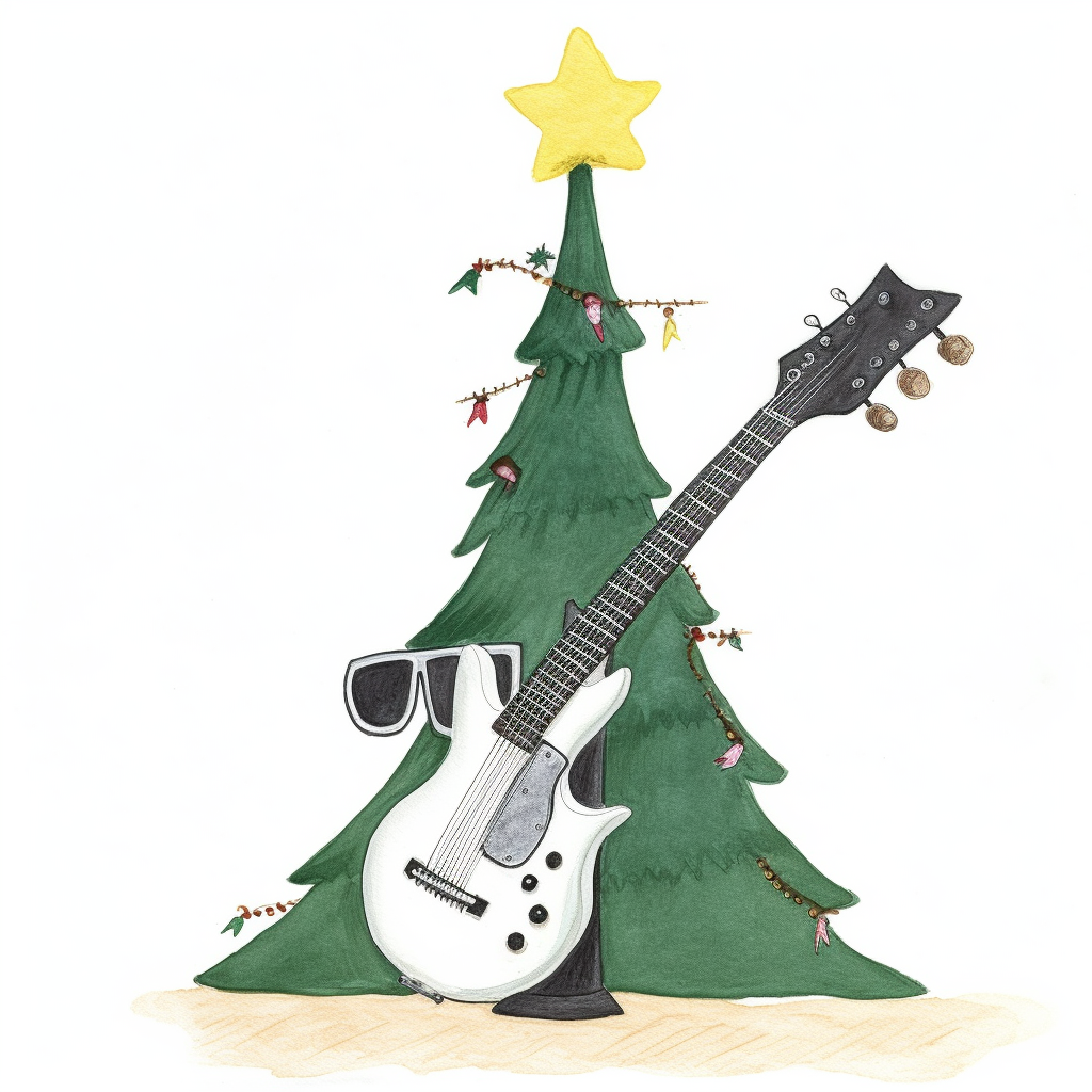 Cartoon Christmas tree playing guitar with sunglasses