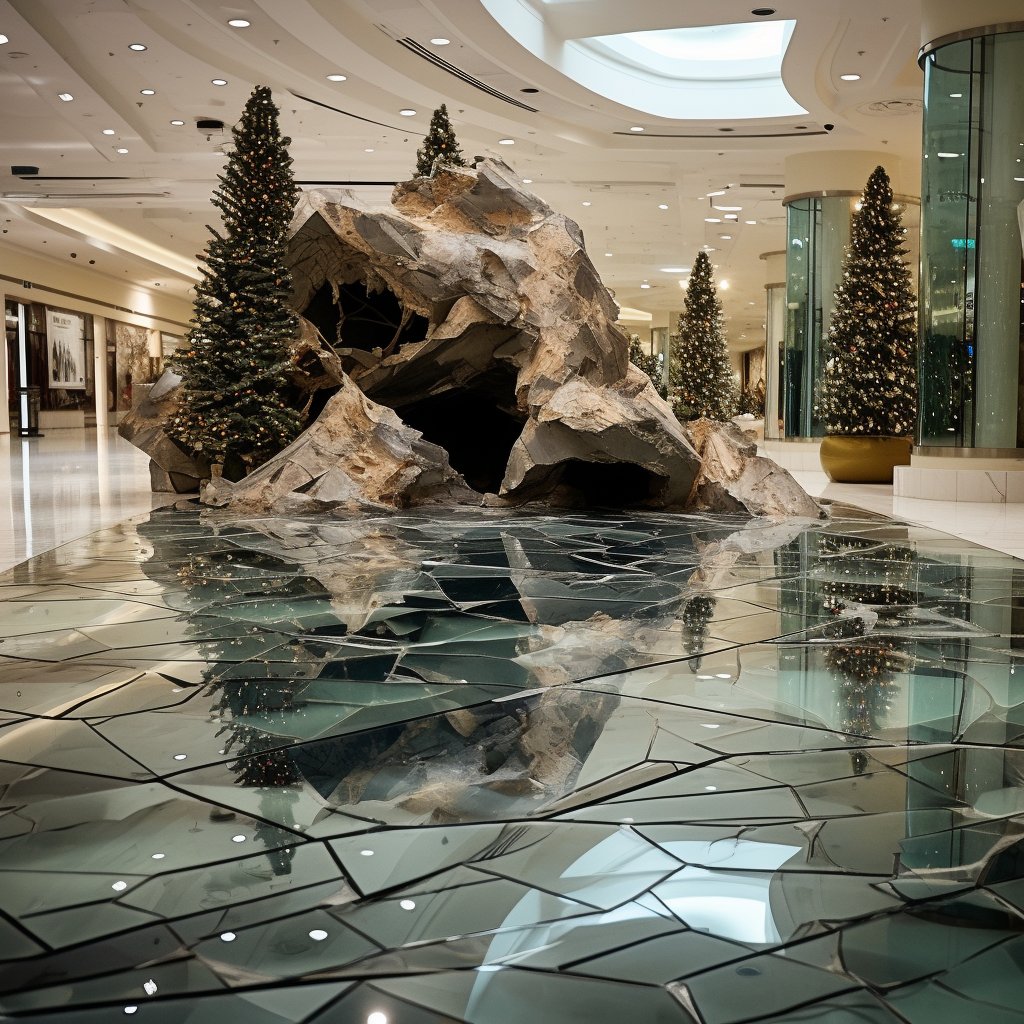 Hyper realistic Christmas tree at fractured mall floor