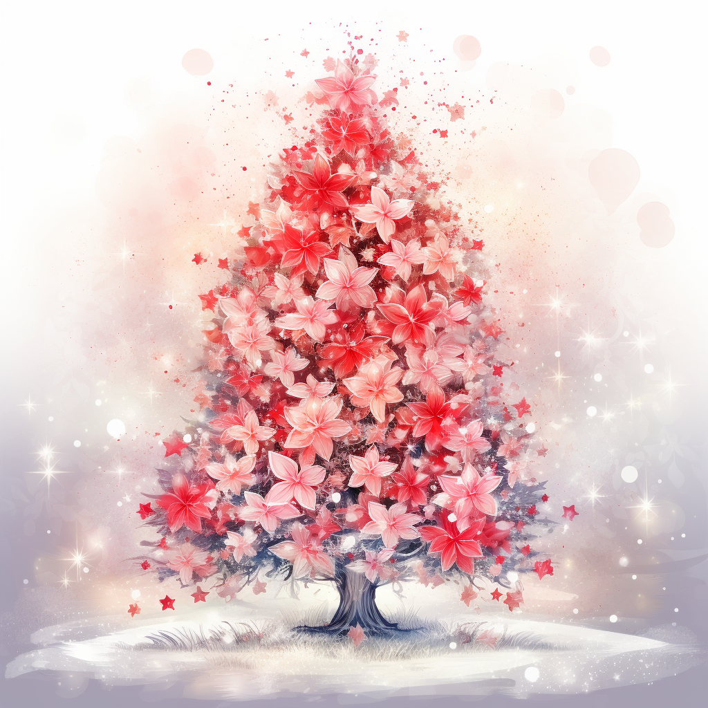 Christmas tree with red flowers and sparkling stars