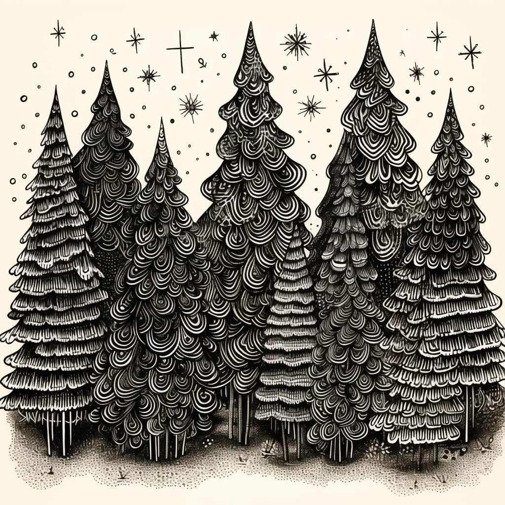 Black and white Christmas tree doodle art