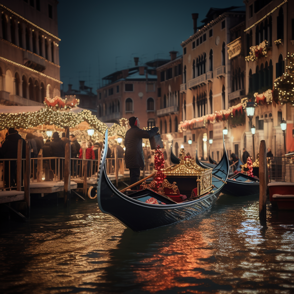 People Celebrating Christmas in Festive Venice Gondola