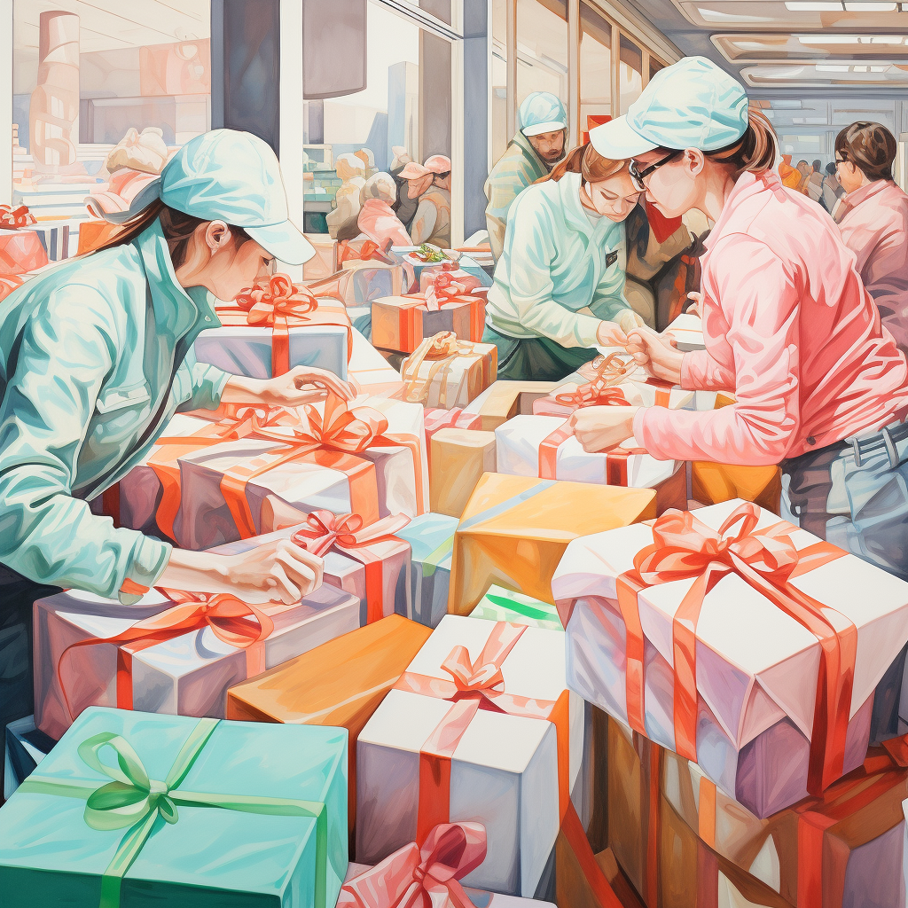 Colorful Christmas gifts on assembly line