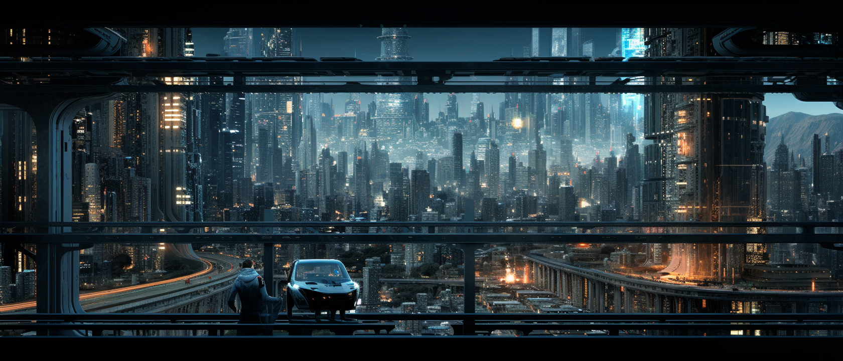 Detailed fluorescent city in Christopher Nolan's sci-fi scene