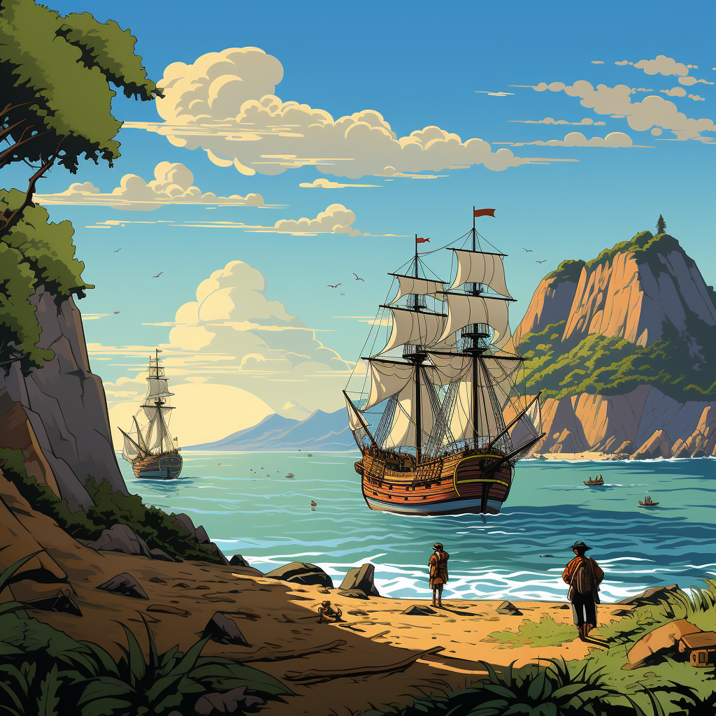 Christopher Columbus Arriving to Hispaniola Cartoon Image