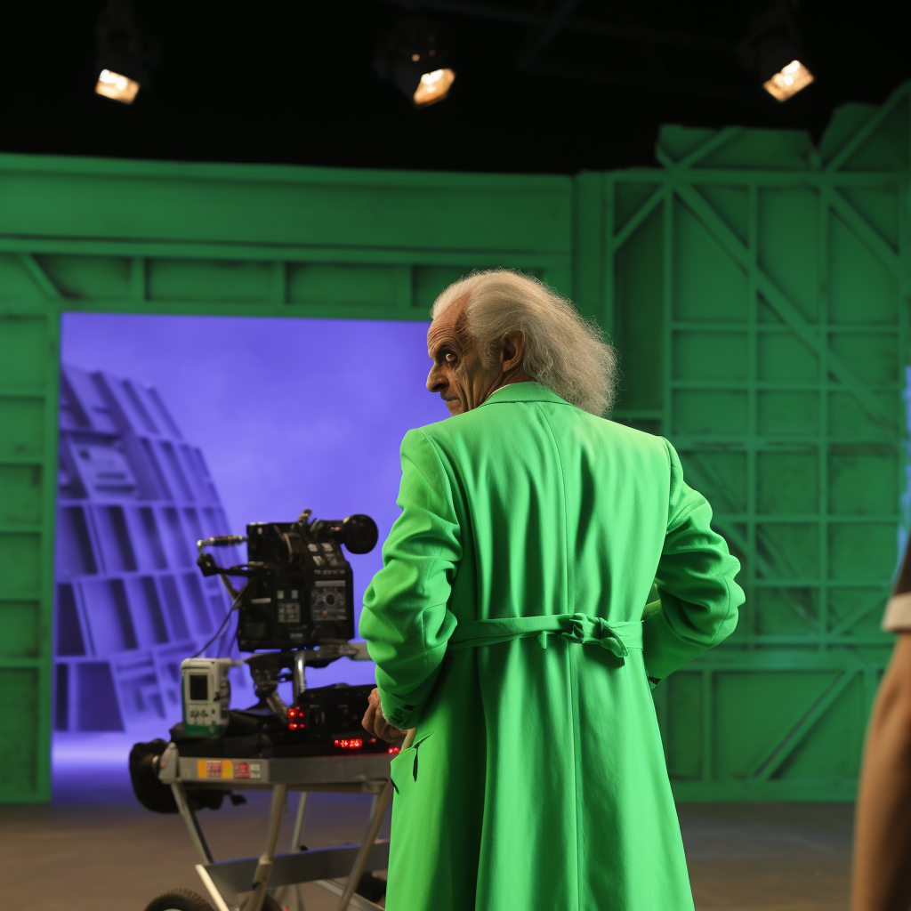 Christopher Lloyd as Doc Brown in front of green screen