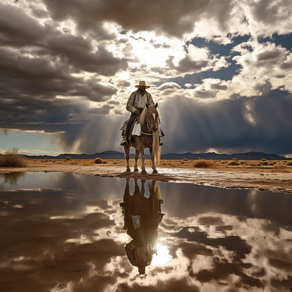 Chrome Cowboy on Horse in Desert