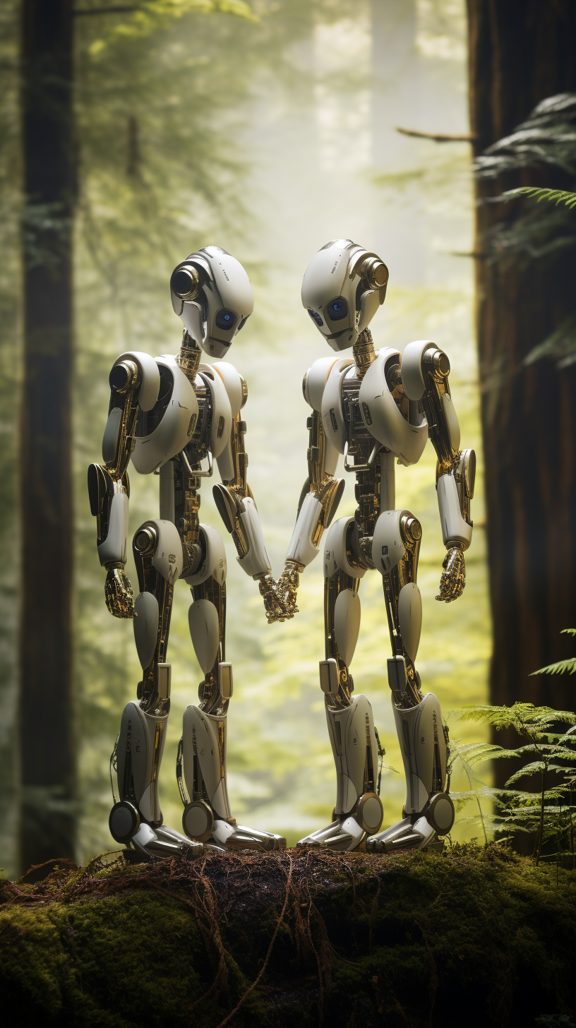 Chrome robots embracing surreal forest