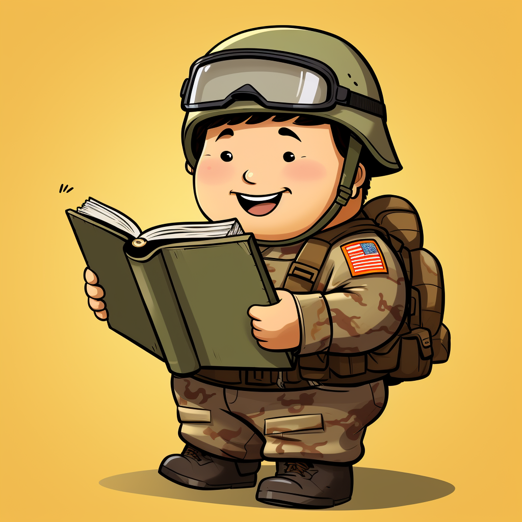 Cute American soldier reading Chinese history book