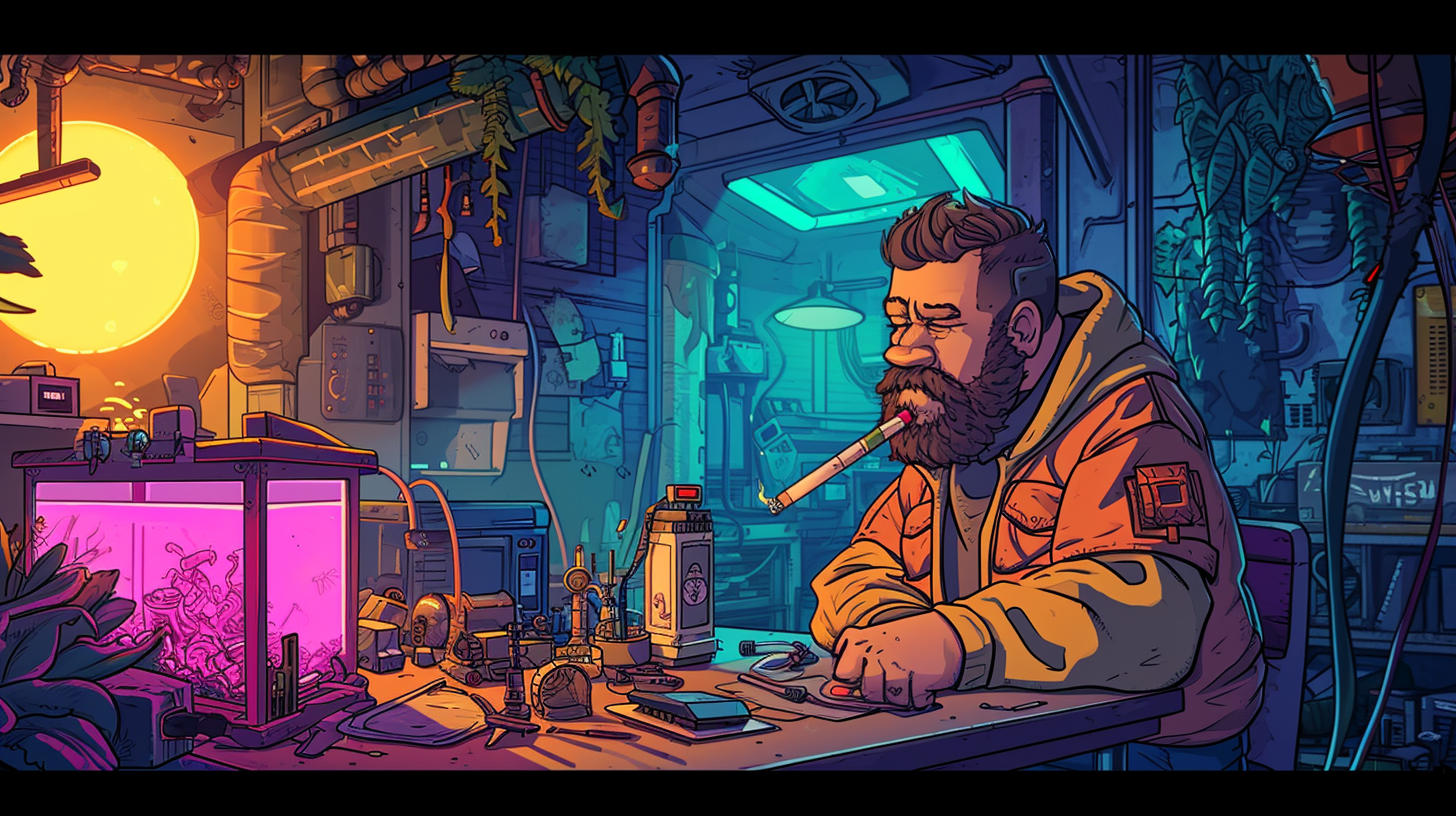 Chubby bearded man smoking in cyberpunk workshop