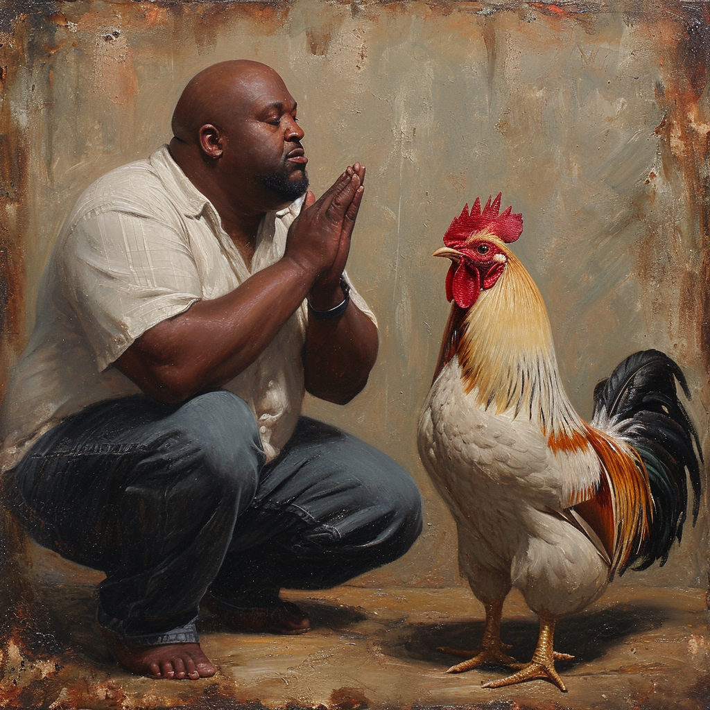 Chubby Black Man Praying Rooster