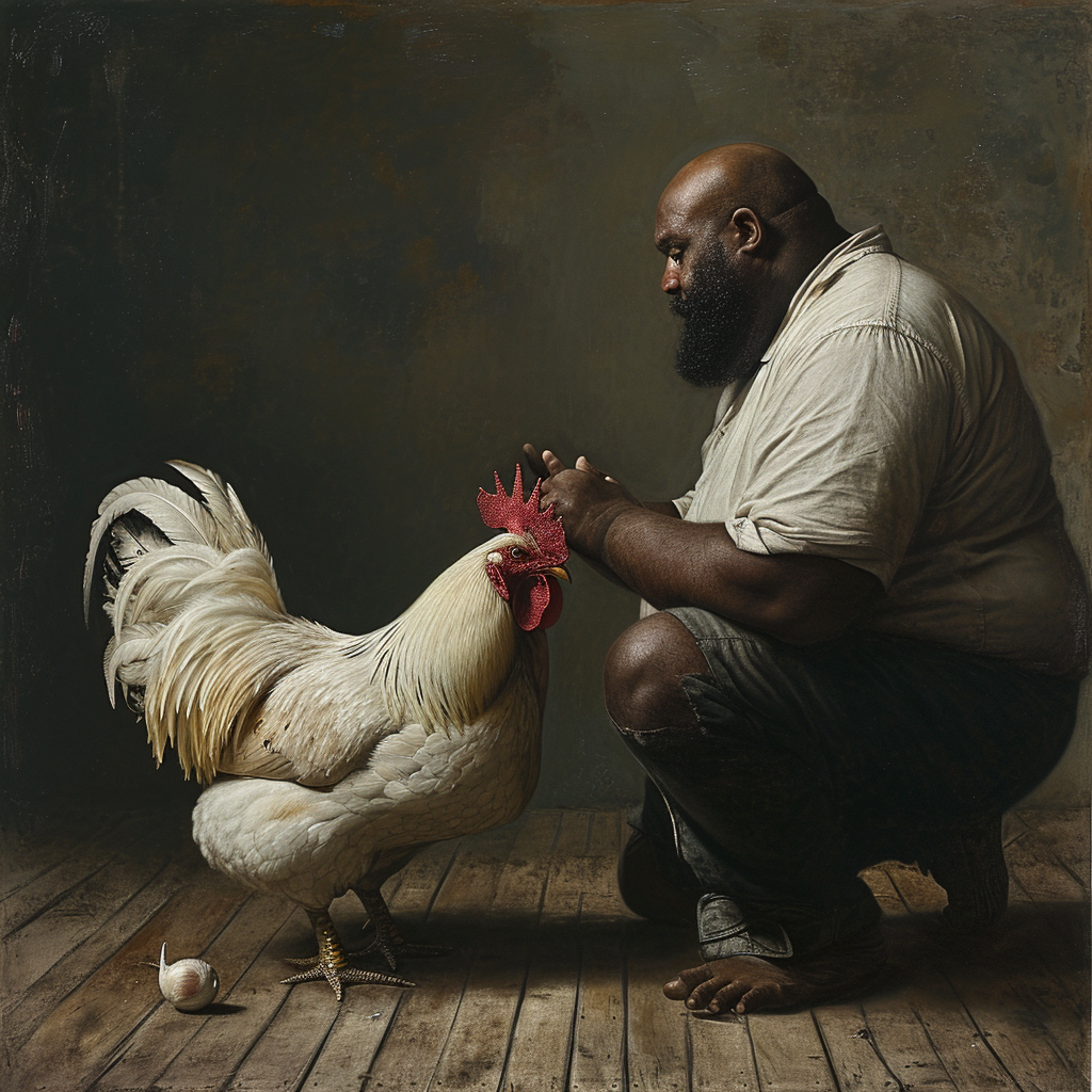 Chubby black man praying to white rooster