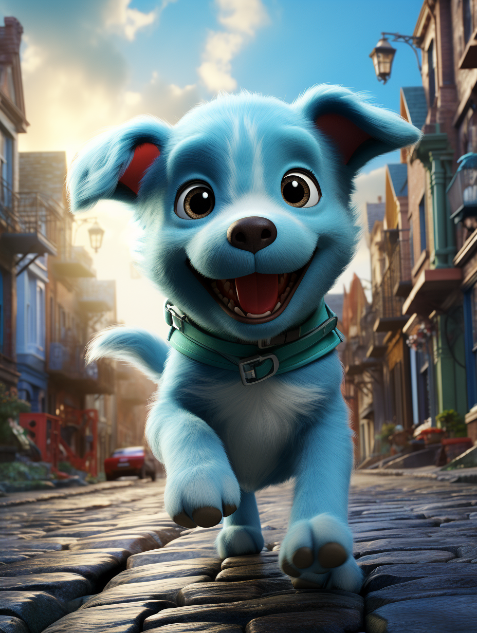 Adorable chubby blue puppy running in futuristic city