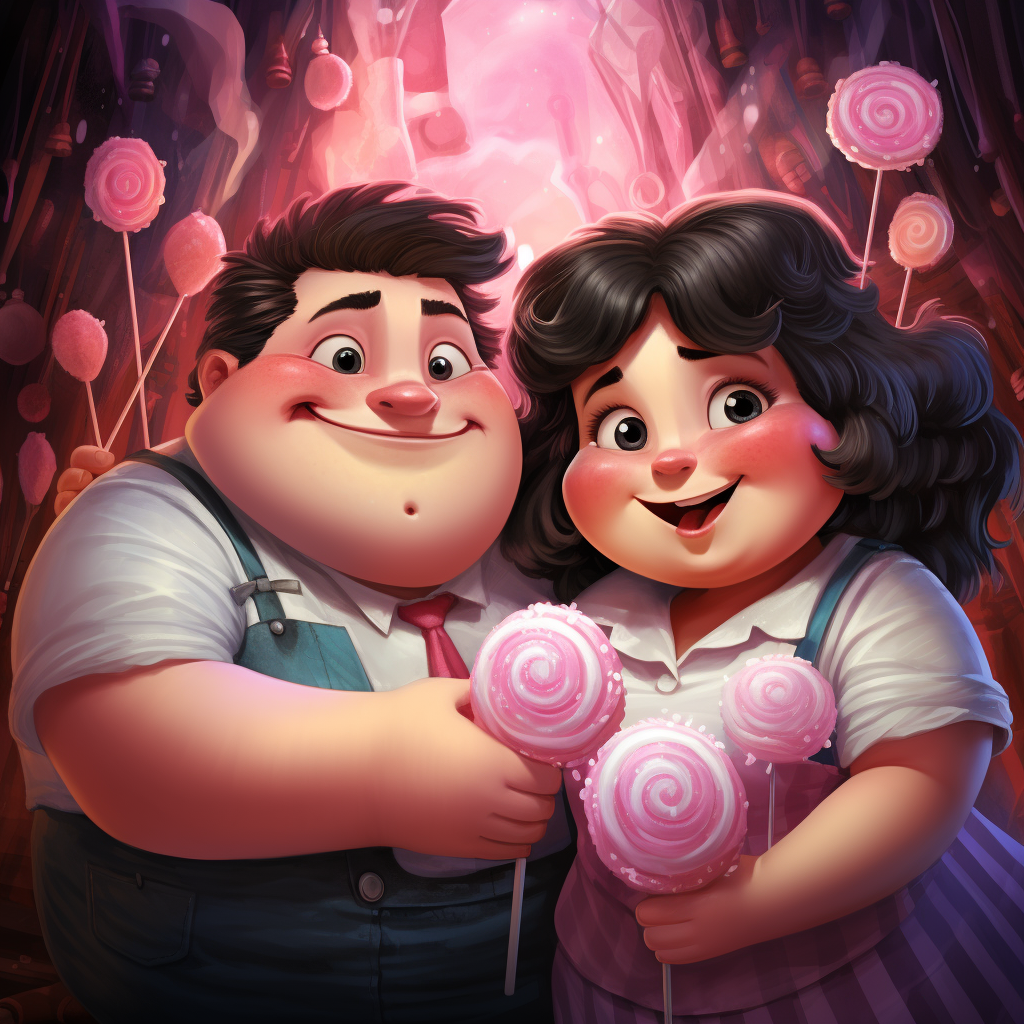 Chubby couple sharing cotton candy blissfully