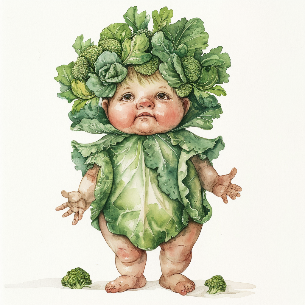 Cute baby in cabbage dress with broccoli crown