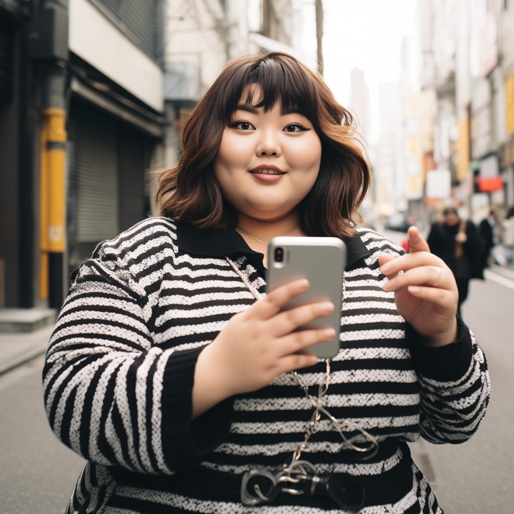 Chubby Japanese girl taking selfie in fashionable city